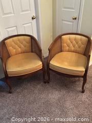 MaxSold Auction: Pair of Vintage Mid-Century Chairs – Cane Sides, Gold/Mustard Upholstery - Hamilton (Ontario, Canada) SELLER MANAGED Estate Sale Online Auction - Barton Street East