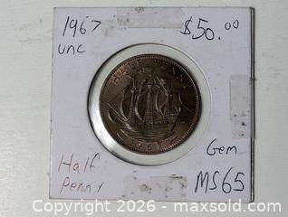 MaxSold Auction: UNC high grade 1967 Half penny ship coin England - South Frontenac (Ontario, Canada) SELLER MANAGED Downsizing Online Auction - Battersea Road