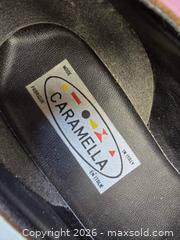 MaxSold Auction: pair of Caramella brown suede leather ballet flats with a beaded flower embellishment - Toronto (Ontario, Canada) SELLER MANAGED Reseller Online Auction - Dartmoor Drive