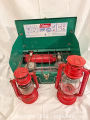 MaxSold Auction: Vintage Coleman 425E 2 Burner Stove in Original Box & the world light lantern  - Toronto (Ontario, Canada) SELLER MANAGED Downsizing Online Auction - Applefield Drive