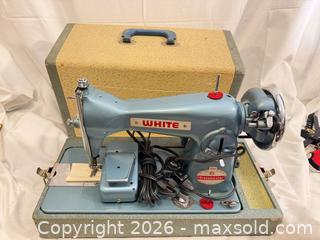 MaxSold Auction: Vintage Collectors White Japan Rotary Sewing Machine E-6354 Teal Retro Turquoise  - Toronto (Ontario, Canada) SELLER MANAGED Downsizing Online Auction - Applefield Drive