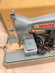 MaxSold Auction: Vintage Collectors White Japan Rotary Sewing Machine E-6354 Teal Retro Turquoise  - Toronto (Ontario, Canada) SELLER MANAGED Downsizing Online Auction - Applefield Drive