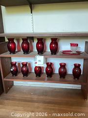 MaxSold Auction: Ruby Red Glass Serving Set — Vase, Pitcher & Underplate - Santa Monica (California, USA) PARTNER MANAGED Estate Sale Online Auction - 18th Street