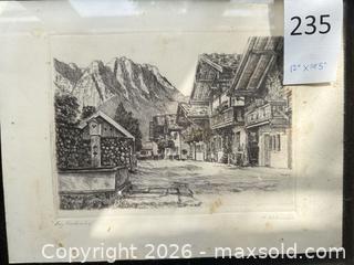 MaxSold Auction: Signed Etching of Mountain Village, Etching/Intaglio, Framed - Santa Monica (California, USA) PARTNER MANAGED Estate Sale Online Auction - 18th Street