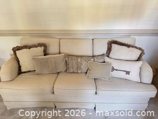 MaxSold Auction: Beige 3-Seat Traditional Fabric Sofa / Couch - Raleigh (North Carolina, USA) PARTNER MANAGED Downsizing Online Auction -  Tipping Circle