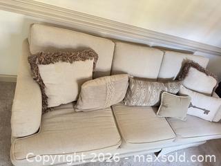 MaxSold Auction: Beige 3-Seat Traditional Fabric Sofa / Couch - Raleigh (North Carolina, USA) PARTNER MANAGED Downsizing Online Auction -  Tipping Circle