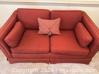 MaxSold Auction: Brick Red/Terracotta 2-Seater Loveseat with Bolster & Throw Pillow - Raleigh (North Carolina, USA) PARTNER MANAGED Downsizing Online Auction -  Tipping Circle
