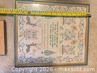 MaxSold Auction: Two Framed Pieces: Cross-Stitch Sampler & Embossed Rabbit - Raleigh (North Carolina, USA) PARTNER MANAGED Downsizing Online Auction -  Tipping Circle