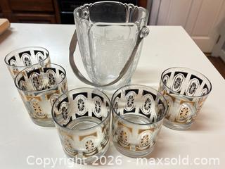 MaxSold Auction: Vintage Mid-Century Glassware Set of 5 with Gold Trim and etched ice bucket - Raleigh (North Carolina, USA) PARTNER MANAGED Downsizing Online Auction -  Tipping Circle