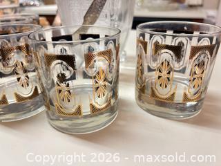 MaxSold Auction: Vintage Mid-Century Glassware Set of 5 with Gold Trim and etched ice bucket - Raleigh (North Carolina, USA) PARTNER MANAGED Downsizing Online Auction -  Tipping Circle