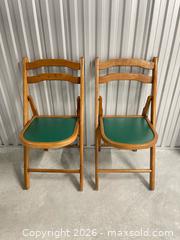 MaxSold Auction: Pair of Hida Sangyo Folding Wooden Chairs with Green Seats - Markham (Ontario, Canada) SELLER MANAGED Estate Sale Online Auction - Copper Creek Drive (STORAGE)