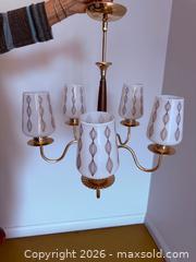 MaxSold Auction: Mid-Century Modern 5-Light Brass & Milk Glass, Walnut light fixture - Working - Toronto (Ontario, Canada) SELLER MANAGED Downsizing Online Auction - O'connor Drive (CONDO)