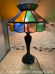 MaxSold Auction: Tiffany-Style Stained Glass Table Lamp with Metal Base - Toronto (Ontario, Canada) SELLER MANAGED Downsizing Online Auction - O'connor Drive (CONDO)