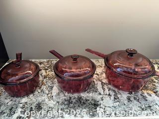 MaxSold Auction: set of vintage Pyrex Visions Cranberry glass saucepans with lids. 6 pieces - Oshawa (Ontario, Canada) SELLER MANAGED Estate Sale Online Auction -  Maddock Drive