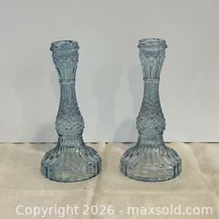 MaxSold Auction: Pair of Vintage Pale Blue Pressed Glass Candlesticks – 8.5” Tall - Toronto (Ontario, Canada) SELLER MANAGED Downsizing Online Auction - Esandar Drive (Storage)
