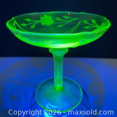 MaxSold Auction: Vintage Green Uranium Glass Pedestal Compote – Glows Under UV - Toronto (Ontario, Canada) SELLER MANAGED Downsizing Online Auction - Esandar Drive (Storage)