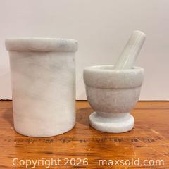 MaxSold Auction: White Marble Mortar & Pestle with Matching Utensil Crock - Toronto (Ontario, Canada) SELLER MANAGED Downsizing Online Auction - Esandar Drive (Storage)