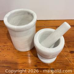 MaxSold Auction: White Marble Mortar & Pestle with Matching Utensil Crock - Toronto (Ontario, Canada) SELLER MANAGED Downsizing Online Auction - Esandar Drive (Storage)