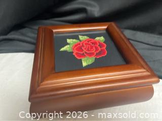 MaxSold Auction: Elegant Mahogany Jewelry Box with Hand-Stitched Needlepoint Rose NEW - Campbell (California, USA) SELLER MANAGED Downsizing Online Auction - Dell Avenue 