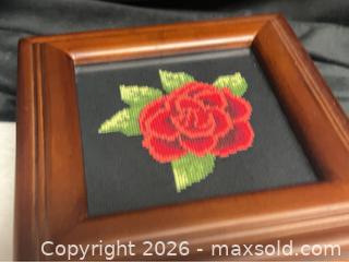MaxSold Auction: Elegant Mahogany Jewelry Box with Hand-Stitched Needlepoint Rose NEW - Campbell (California, USA) SELLER MANAGED Downsizing Online Auction - Dell Avenue 