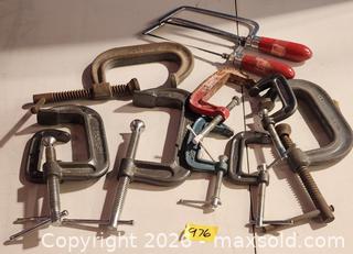 MaxSold Auction: Lot of 8–10 Assorted C-Clamps with Two Coping Saws and bin - Brighton (Ontario, Canada) SELLER MANAGED Estate Sale Online Auction - Drewery Street