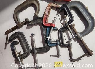 MaxSold Auction: Lot of 8–10 Assorted C-Clamps with Two Coping Saws and bin - Brighton (Ontario, Canada) SELLER MANAGED Estate Sale Online Auction - Drewery Street