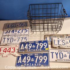 MaxSold Auction: Lot of 8+ License Plates with Metal Basket — Ontario & NWT - Brighton (Ontario, Canada) SELLER MANAGED Estate Sale Online Auction - Drewery Street