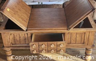 MaxSold Auction: Solid Oak Coffee Table with Interior Storage and Drawer - Brighton (Ontario, Canada) SELLER MANAGED Estate Sale Online Auction - Drewery Street