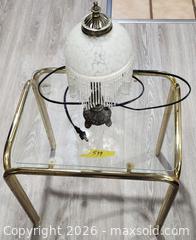 MaxSold Auction: Vintage Metal Table Lamp with Glass Shade and glass table - Brighton (Ontario, Canada) SELLER MANAGED Estate Sale Online Auction - Drewery Street