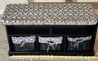 MaxSold Auction: White Storage Bench with 3 Wicker Baskets and Cushion - Brighton (Ontario, Canada) SELLER MANAGED Estate Sale Online Auction - Drewery Street