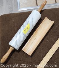 MaxSold Auction: White Veined Marble Rolling Pin with Wooden Handles - Brighton (Ontario, Canada) SELLER MANAGED Estate Sale Online Auction - Drewery Street