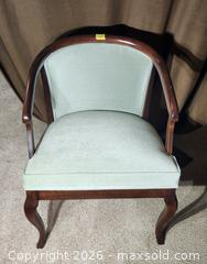 MaxSold Auction: Wood Frame Armchair with Light Green Upholstery - Brighton (Ontario, Canada) SELLER MANAGED Estate Sale Online Auction - Drewery Street