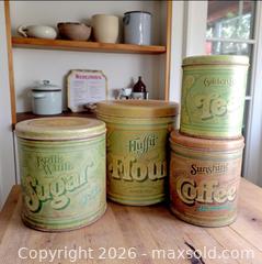 MaxSold Auction: Vintage Metal Canister Set of 4 Labeled Sugar Flour Coffee Tea - Burlington (Ontario, Canada) SELLER MANAGED Estate Sale Online Auction - Cloverleaf Drive