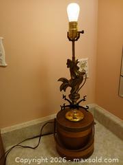 MaxSold Auction: Rare Find Vintage Brass Rooster Weathervane Table Lamp With Wooden Bucket Base, sold as is - Kingston (Ontario, Canada) SELLER MANAGED Estate Sale Online Auction - Tamarac Street