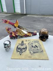 MaxSold Auction: Skull Figurine, Dragon Display & Flat Sheet Lot -ebn - Maple Ridge (British Columbia, Canada) PARTNER MANAGED Estate Sale Online Auction - 203 Street