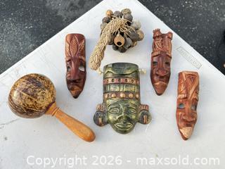 MaxSold Auction: Tribal/Ethnic Decorative Lot: 3 Carved Masks, Maraca, Seed Pods -ebn - Maple Ridge (British Columbia, Canada) PARTNER MANAGED Estate Sale Online Auction - 203 Street