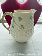 MaxSold Auction: VINTAGE 6” BLEEKE PITCHER Ireland Shamrock Clover Basket Weave Pattern Milk Pitcher Creame - Warwick Township (Pennsylvania, USA) SELLER MANAGED Estate Sale Online Auction -  Crocker Lane