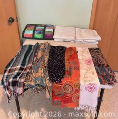 MaxSold Auction: Patchwork Quilt Throw, Beige Grommet Curtain Panels & Scarves - Calgary (Alberta, Canada) SELLER MANAGED Moving Online Auction - Varsville Place Northwest