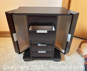 MaxSold Auction: Small Dark Brown Wood Jewelry Box with Drawers and Side Doors and Disney bag  - Calgary (Alberta, Canada) SELLER MANAGED Moving Online Auction - Varsville Place Northwest