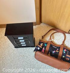 MaxSold Auction: Small Dark Brown Wood Jewelry Box with Drawers and Side Doors and Disney bag  - Calgary (Alberta, Canada) SELLER MANAGED Moving Online Auction - Varsville Place Northwest