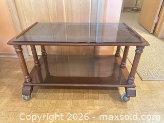 MaxSold Auction: Solid Mahogany Two-Tier Bar Cart with Removable Glass Top - Calgary (Alberta, Canada) SELLER MANAGED Moving Online Auction - Varsville Place Northwest