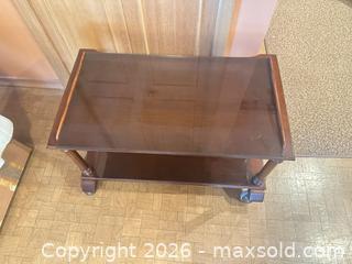 MaxSold Auction: Solid Mahogany Two-Tier Bar Cart with Removable Glass Top - Calgary (Alberta, Canada) SELLER MANAGED Moving Online Auction - Varsville Place Northwest