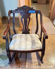 MaxSold Auction: Victorian Traditional Wooden Rocking Chair with Patterned Upholstery - Calgary (Alberta, Canada) SELLER MANAGED Moving Online Auction - Varsville Place Nw