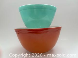 MaxSold Auction: Set of 2 Vintage Pyrex Mixing Bowls - 1950s Robin’s Egg Blue & Flameglo - Cornwall (Ontario, Canada) SELLER MANAGED Downsizing Online Auction - Queen Street