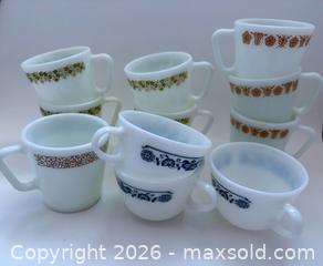 MaxSold Auction: Set of Vintage Pyrex Milk Glass Mugs and Teacups - D-Handle Mixed Patterns - Cornwall (Ontario, Canada) SELLER MANAGED Downsizing Online Auction - Queen Street