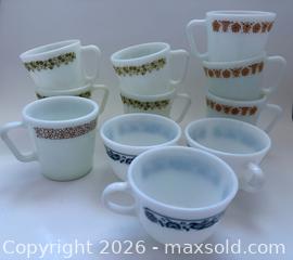 MaxSold Auction: Set of Vintage Pyrex Milk Glass Mugs and Teacups - D-Handle Mixed Patterns - Cornwall (Ontario, Canada) SELLER MANAGED Downsizing Online Auction - Queen Street