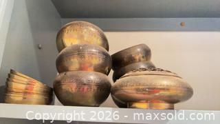 MaxSold Auction: Brass floral frog with 3 small bowls and stack of ~8 coasters B - Toronto (Ontario, Canada) Downsizing Online Auction - Blantyre Avenue