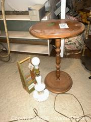 MaxSold Auction: Wood Pedestal Lamp Table with Milk Glass Hobnail Lamp & Tote C - Toronto (Ontario, Canada) Downsizing Online Auction - Blantyre Avenue