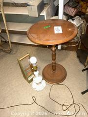 MaxSold Auction: Wood Pedestal Lamp Table with Milk Glass Hobnail Lamp & Tote C - Toronto (Ontario, Canada) Downsizing Online Auction - Blantyre Avenue