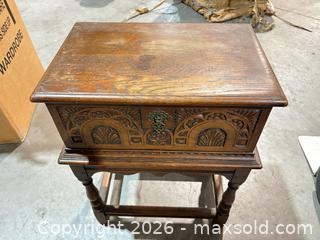 MaxSold Auction: Carved Oak Sewing/Work Box on Attached Stand - Round Rock (Texas, USA) SELLER MANAGED Estate Sale Online Auction - Gattis School Road